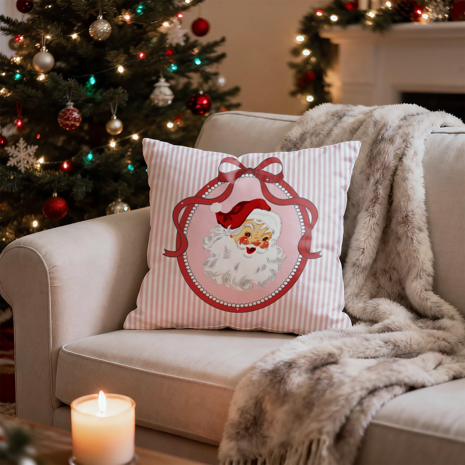 Coquette Red Bow Christmas Santa Pillow Covers 18x18, Preppy Christmas Decor, Girly Xmas Santa Claus Pink Striped Decorative Throw Pillow Covers for Girls Dorm Room Apartment