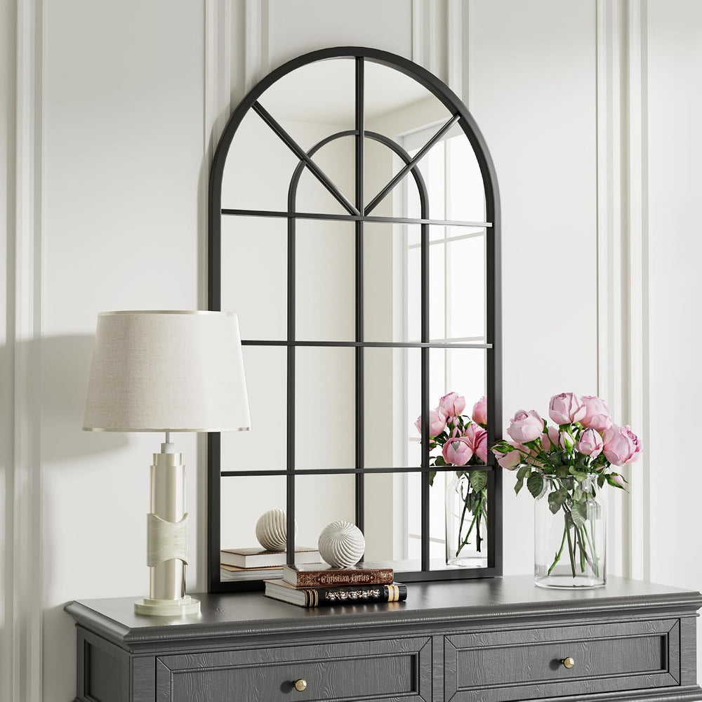 Dewfig Arched Wall Mirror, 42"x24" Metal Frame Windowpane Mirror, B...