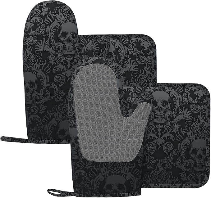 Gothic Skull Oven Mitts and Pot Holders Sets of 4, Resistant Hot Pads by Nelife