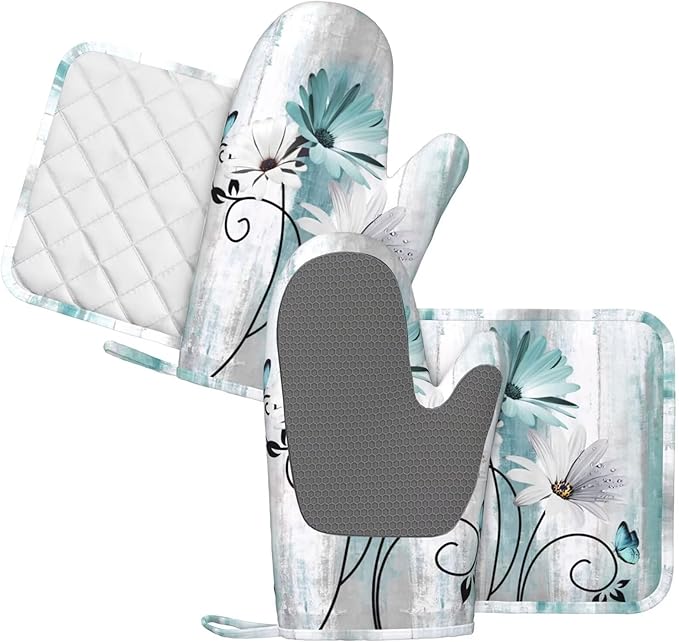 Teal Daisy Oven Mitts Pot Holders Set Silicone Heat Resistant Farm Teal Daisy - Image 2