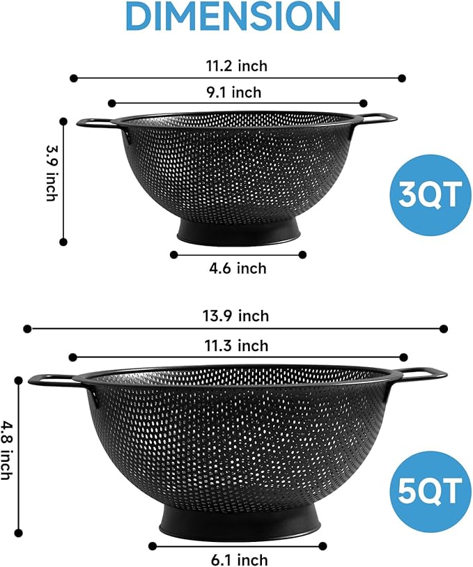2PCS Black Colander for Kitchen, 3QT and 5QT, Stainless Steel Pasta Strainer - Image 2