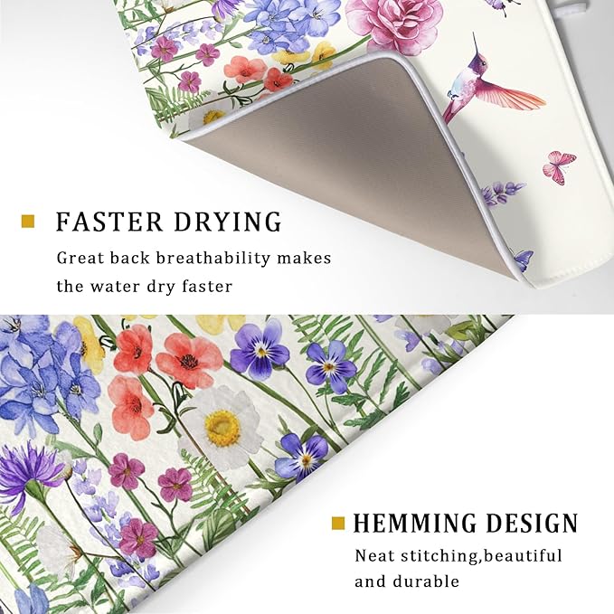 Giwawa Hummingbird Flower Dish Drying Mat 18x24 inch Watercolor Spring Herb - Image 3