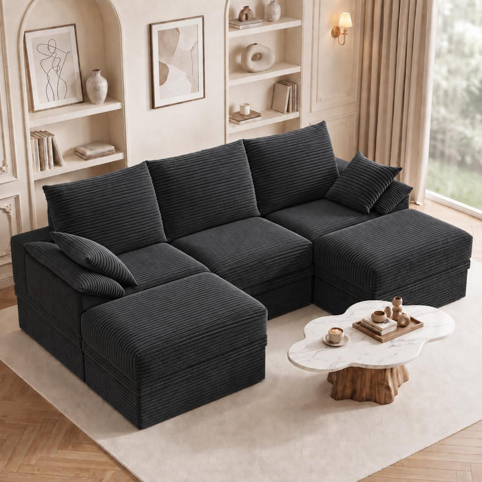 107" Modular Sectional Sofa Boneless Couch with Storage,U-Shape 3 Seat Comfy Modern Cloud Couch Sofa with Ottoman, 27" Deep Seat Corduroy Sofa for Living Room, Tool-Free Assembly -Dark Grey