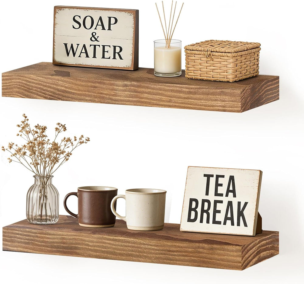 16x6.8x1.7in Solid Wood Floating Wall Shelf Set of 2 Oak Finish