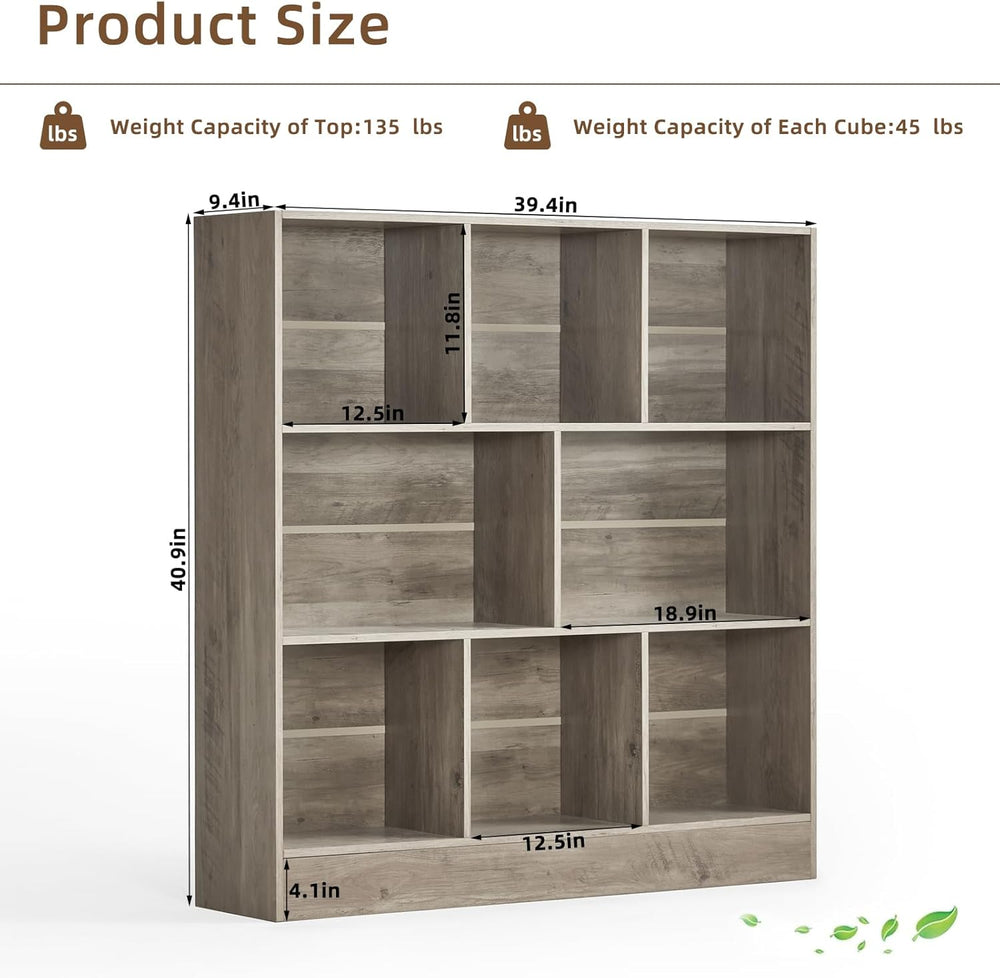 LEYAOYAO 8 Cube Bookshelf with Base,3 Tier Mid-Century Modern Grey Bookcase,S...