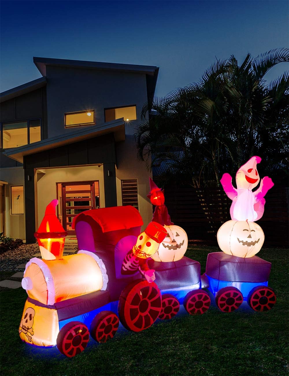 AJY 9 Feet Halloween Inflatable Train with Kittens White Ghosts/Pumpkin