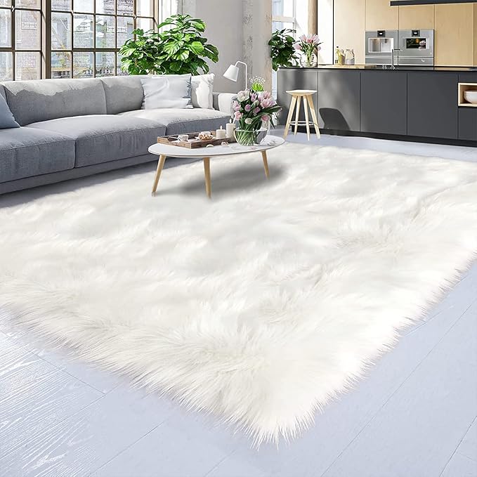 Latepis White Faux Fur Sheepskin Rug 4x6 - Image 7