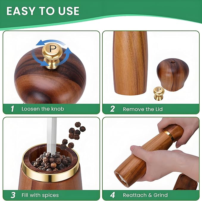 Acacia Wood Salt and Pepper Grinder Set, 8-Inch Manual Pepper Mill Grinder - Image 7