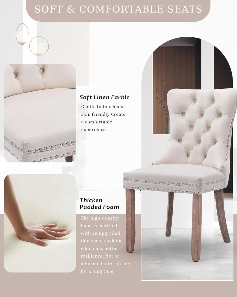 Velvet Dining Chairs Set of 2 Tufted Kitchen Chair Wood Legs,Beige | Mid Cent...
