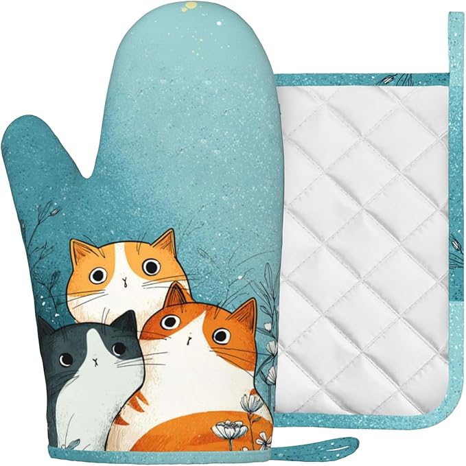 Cute Cartoon Cat Oven Mitts and Pot Holders Sets Funny Cat Silicone Heat - Image 2