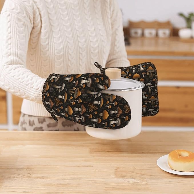 Oven Mitts and Pot Holders Set, Vintage Mushroom Leaf Silicone Kitchen - Image 7