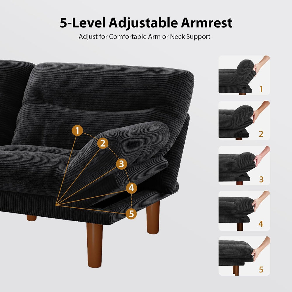 Pipishell Convertible Futon Sofa Bed, Corduroy, 66 inch, Jet Black