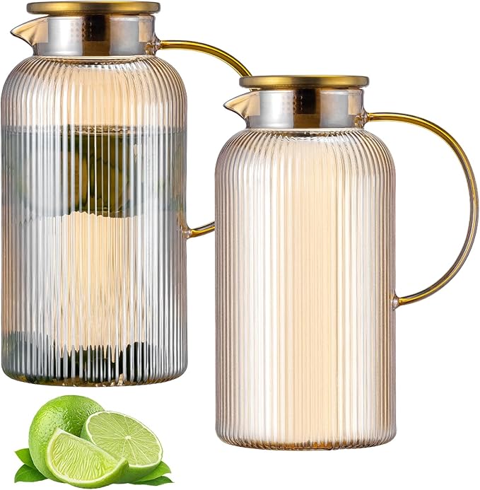 Buaic Glass Pitcher with Lid, 2 PACK 84 oz/ 2.5 Liter Amber Classic Vertical by Buaic