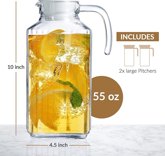 Glass Pitcher with Lid – Set of 2 Glass Water Pitcher 55Oz – Cold Carafe - Image 2