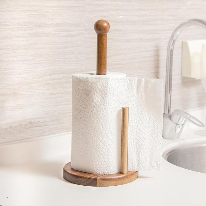 14" Acacia Wooden Paper Towel Holder, 6.7" Large Heavy Base Wooden Kitchen - Image 5