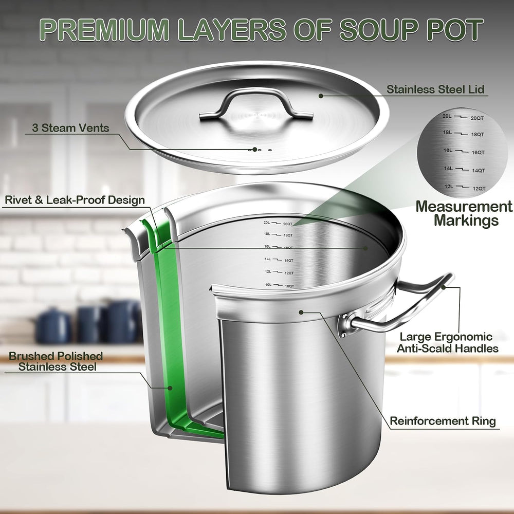 Stock Pot-20QT Stainless Steel Stockpot with Lid, Heavy Duty Tri-Ply Bottom C...