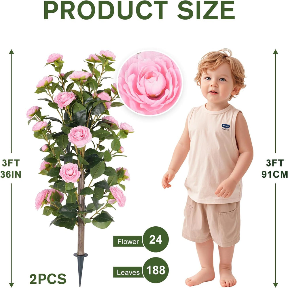 DLD 2-Pack 3FT UV Resistant Red Artificial Camellia Flowers, Vibrant Faux Cam...