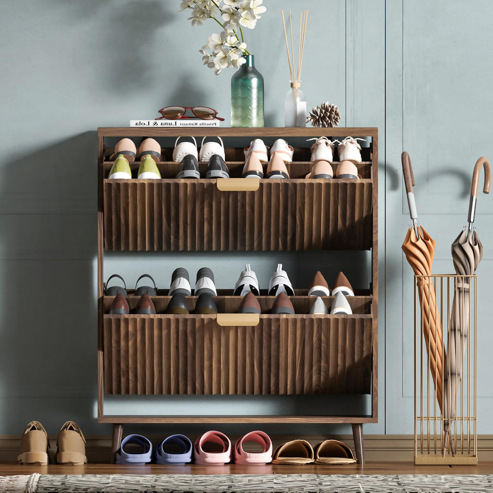 Shoe Cabinet Storage, Modern Freestanding Organizer with 2 Flip Drawers, Narr...