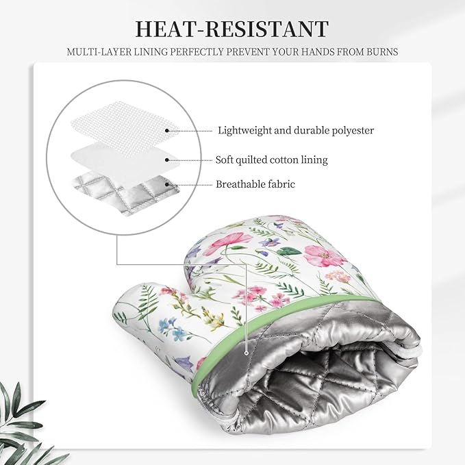 Pink Floral Silicone Oven Mitts Pan Mats Set of 2, Heat Resistant Gloves - Image 4