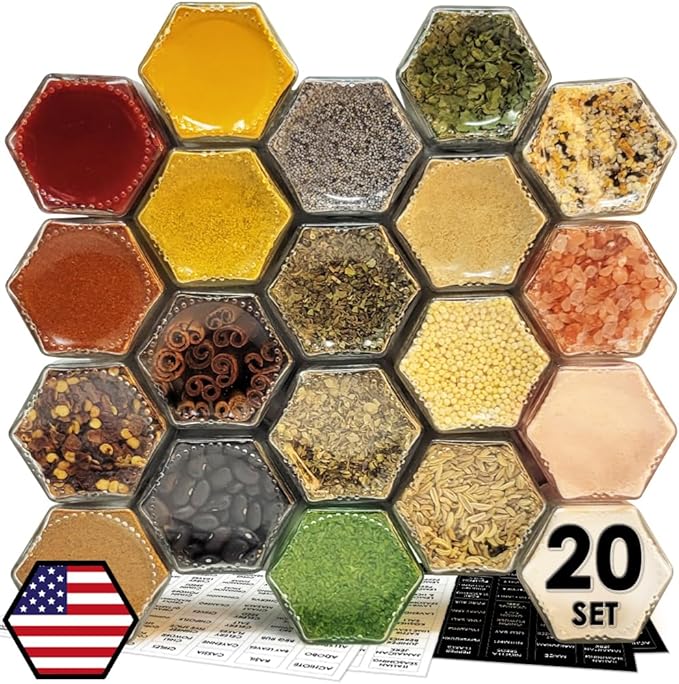 20 Pack Magnetic Spice Jars for Refrigerator, Hexagon Glass Magnetic Spice Jar by CROSS+HOMES