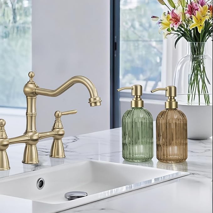 16 OZ Amber Glass Soap Dispenser, Amber Stripe Bathroom Hand Soap Dispensers - Image 4