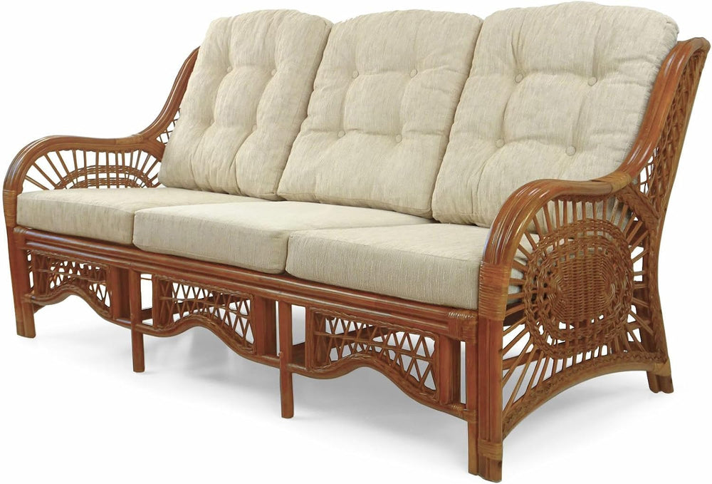 Malibu Lounge Three-Seater Sofa Natural Rattan Wicker Handmade Design (Cream ...