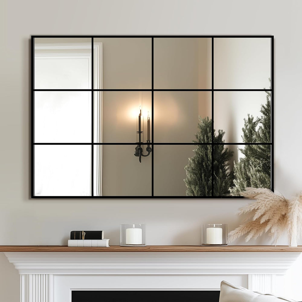 Delma Window Pane Mirror for Wall, 24"x36" Window Mirror Black
