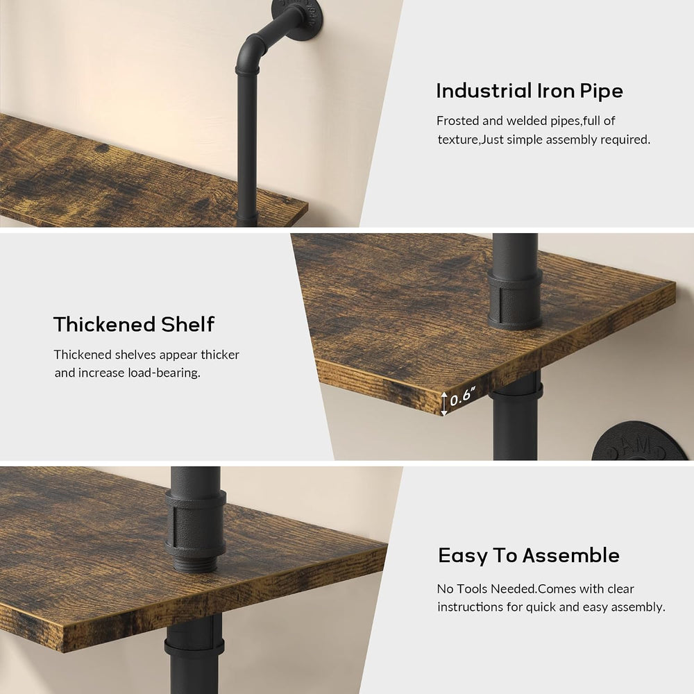 Merapi 5 Tier Rustic Industrial Pipe Floating Wall Shelves | Wall Mounted She...