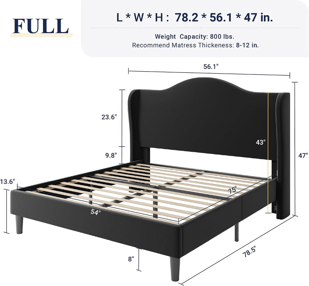 Allewie Full Size Bed Frame, Plush Velvet Wingback, Modern Style, Black