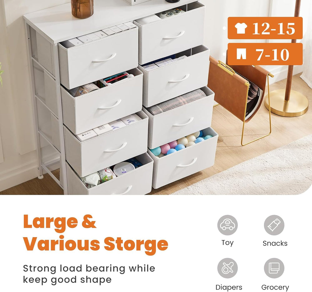 Sweetcrispy 8 Drawer Fabric White Dresser for Bedroom, Tall Double Dresser