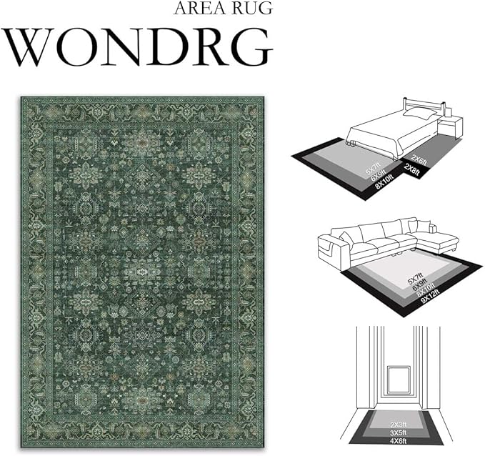 8x10 Washable Area Rug for Living Room Bedroom Vintage Green Non Slip Carpet - Image 2
