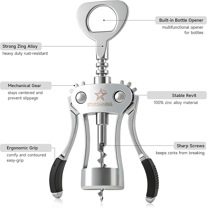 Wine Opener, Heavy-Duty Zinc Alloy Wing Corkscrew Manual Wine Bottle Opener - Image 4