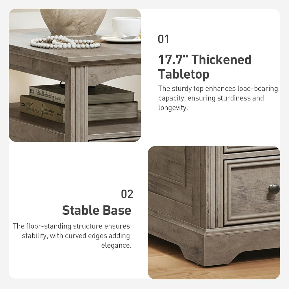 RALGEND Farmhouse End Table with 2 Drawers and Open Shelf, Greige