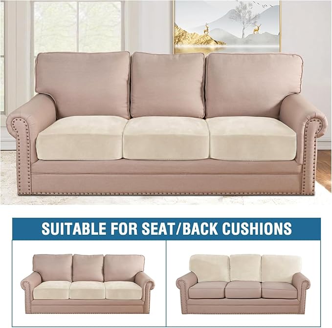 H.VERSAILTEX Velvet Stretch Couch Cushion Cover Plush Cushion Slipcover (3 Pi...