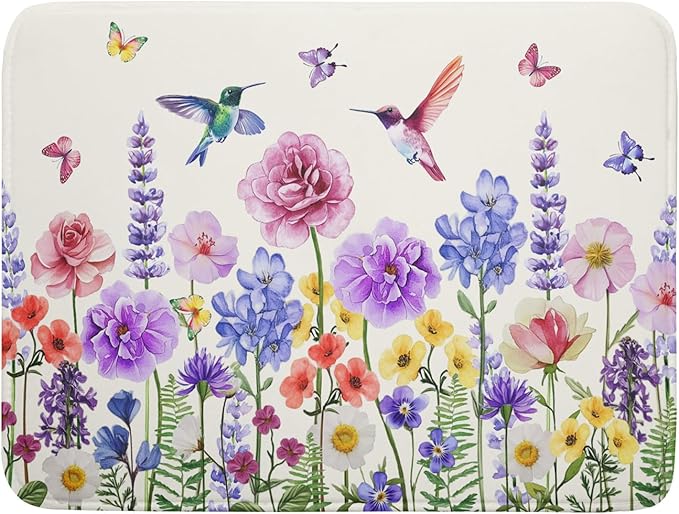 Giwawa Hummingbird Flower Dish Drying Mat 18x24 inch Watercolor Spring Herb by Giwawa