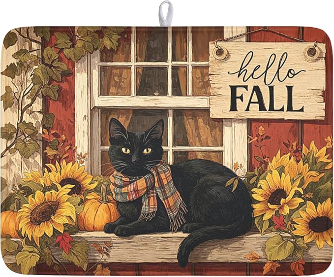 Fall Dish Drying Mat for Kitchen Counter Vintage Autumn Cat Sunflower Pumpkin by Unknown