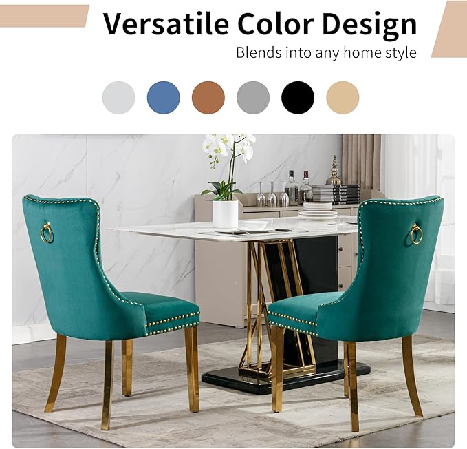 Luxury Upholstered Dining Chairs Set of 2, Green Kitchen Chair with Golden Me...