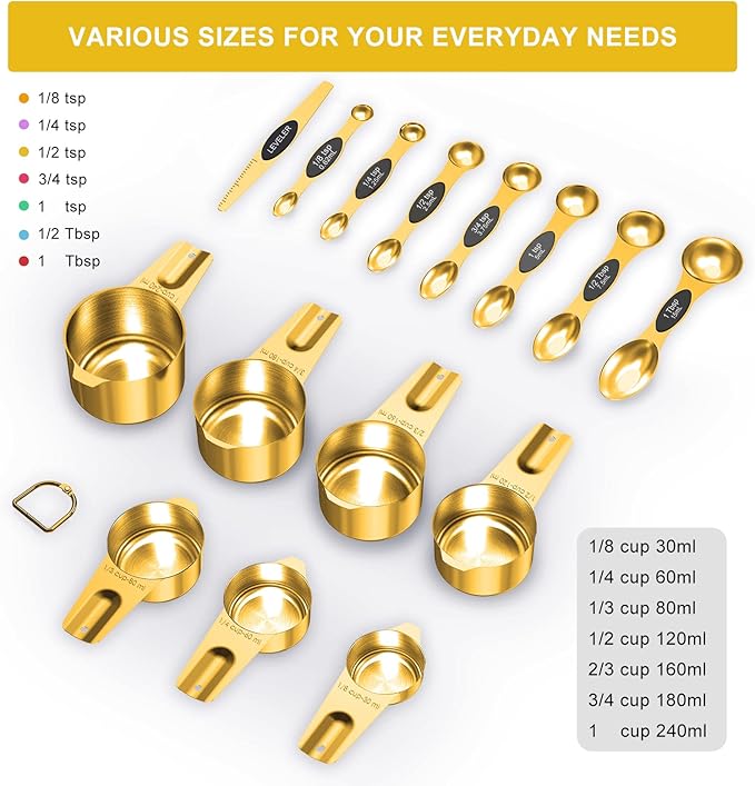Gold Measuring Cups and Spoons Set of 15, 18/8 Stainless Steel, Includes 7 - Image 2