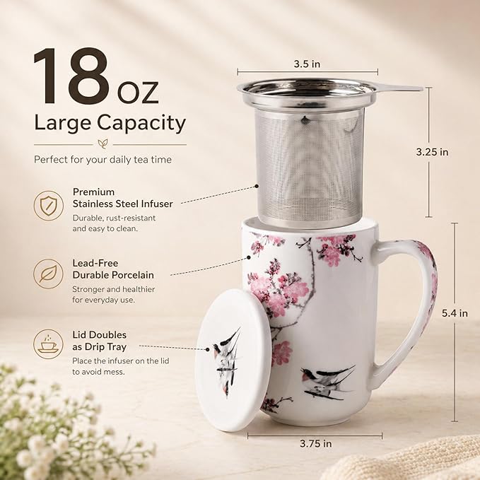 AmorArc Porcelain Tea Mug with Infuser and Lids, 18 Oz Coffee Cup Strainer with - Image 3