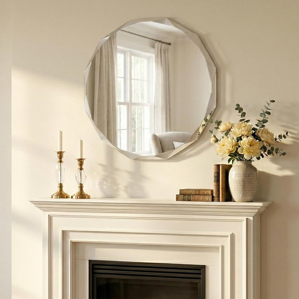 24" Round Frameless Beveled Mirror, Diamond Cut Edge Wall Mirror for Bat...