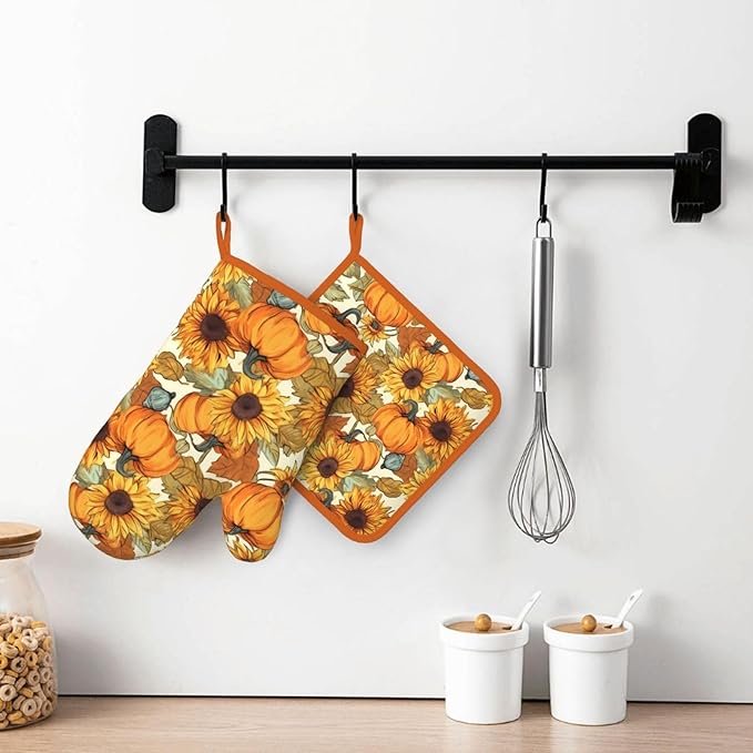 Fall Pumpkin Sunflower Silicone Oven Mitts Pan Mats Set of 2, Heat Resistant - Image 6
