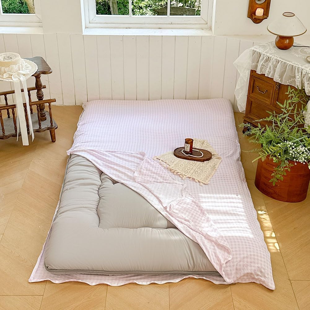 pink gingham japanese floor mattress futon cover, queen, main product view