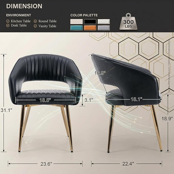 Faux Leather Dining Chairs Gold Legs, Modern Black PU Leather Dining Room Cha...