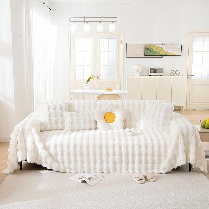 HANDONTIME White Sofa Covers Dog Couch Cover Rabbit Plush L Shaped Couch Covers by HANDONTIME