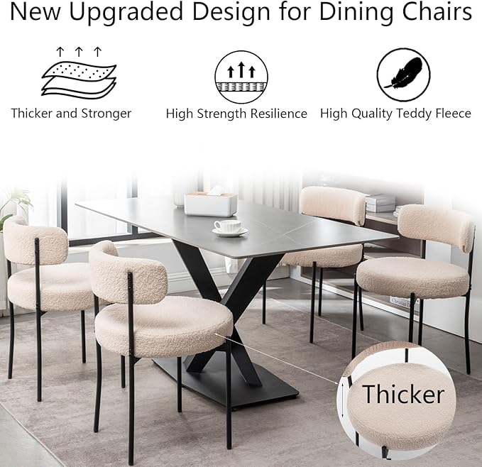 Boucle Dining Chairs Set of 6, Upholstered Dining Room Chairs with Black Meta...