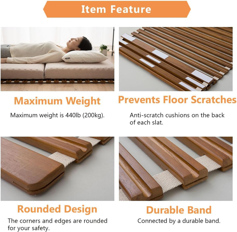 EMOOR Wood Roll-Type Slatted Bed OSMOS Queen for Japanese Futon Mattress (Bro...