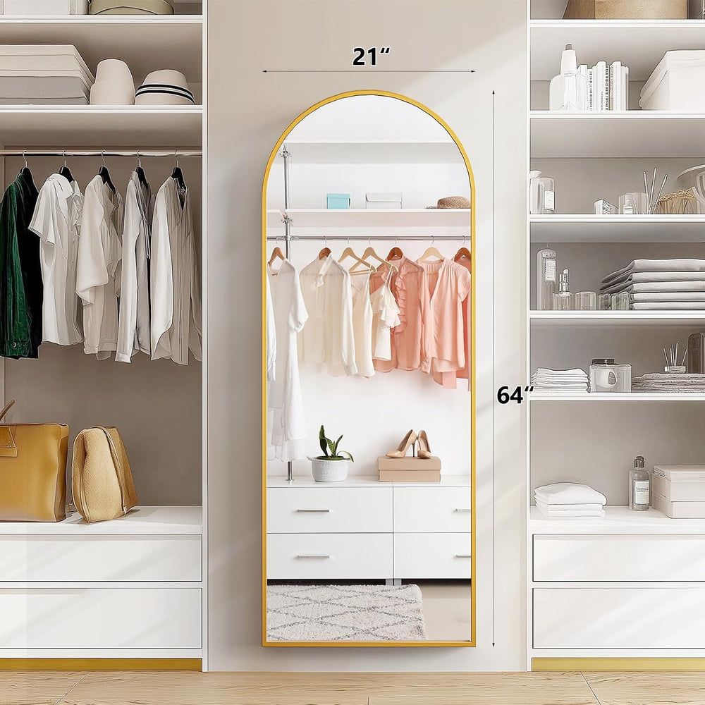 Alpen Gold Arched Full Length Mirror, X-Large 64x21 Floor Mirror with Stand