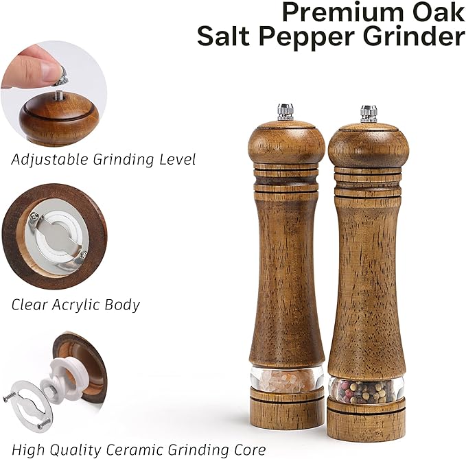 Wooden Salt and Pepper Grinder Set, Premium Oak Wood Salt Grinders Shakers - Image 7