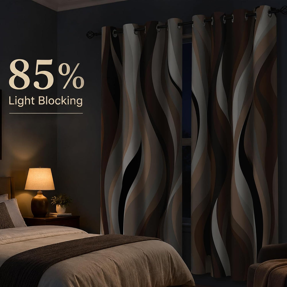 Brown Abstract Blackout Curtain, Stripe Black White Gray Aesthetic Art Window...