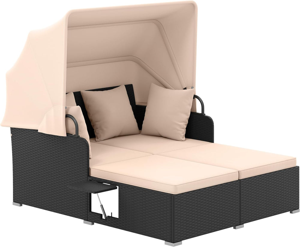 Tangkula Patio Rattan Daybed with Retractable Canopy, Outdoor Wicker Sunbed L...